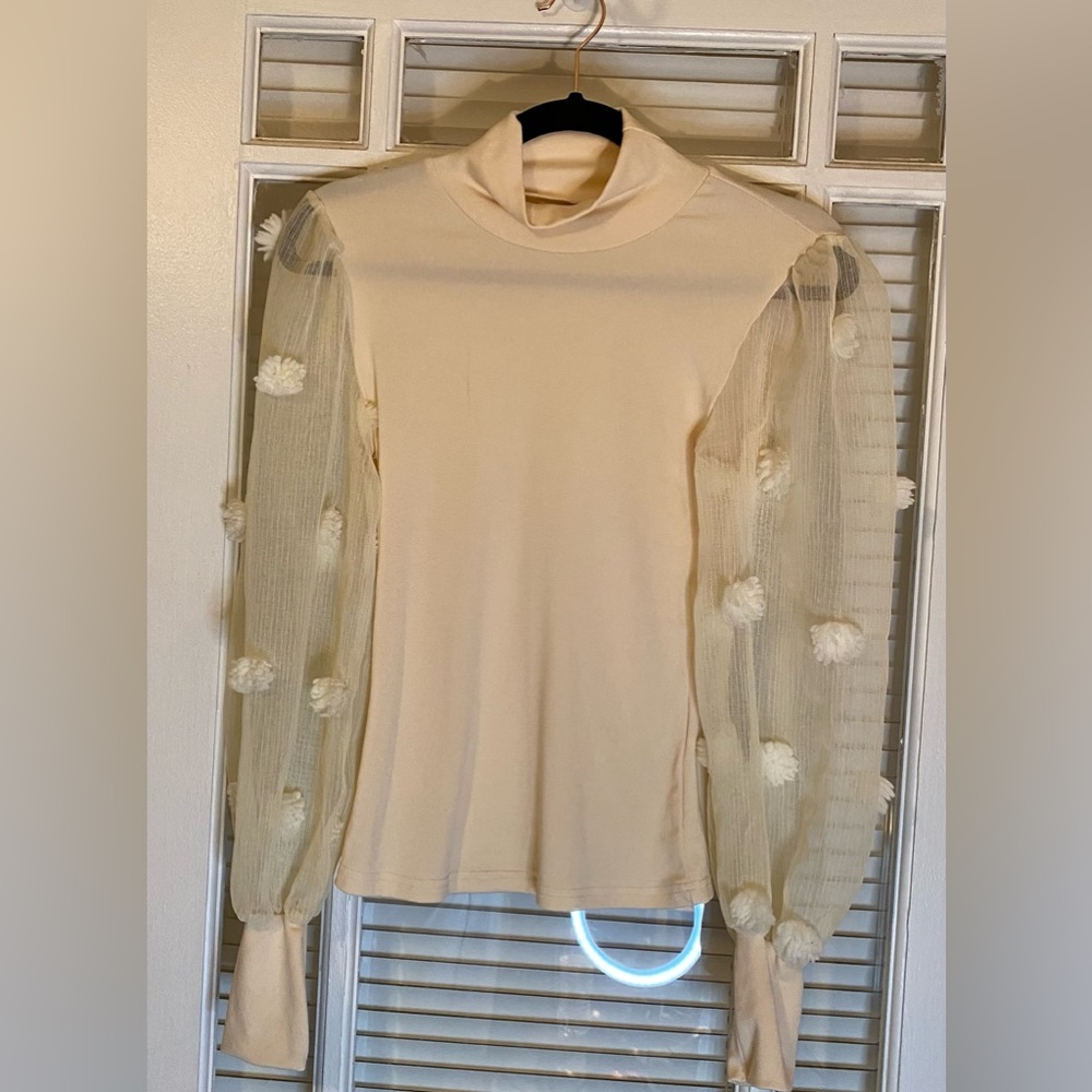 Blouse with Sheer PomPom Embellished Sleeves-SHEIN